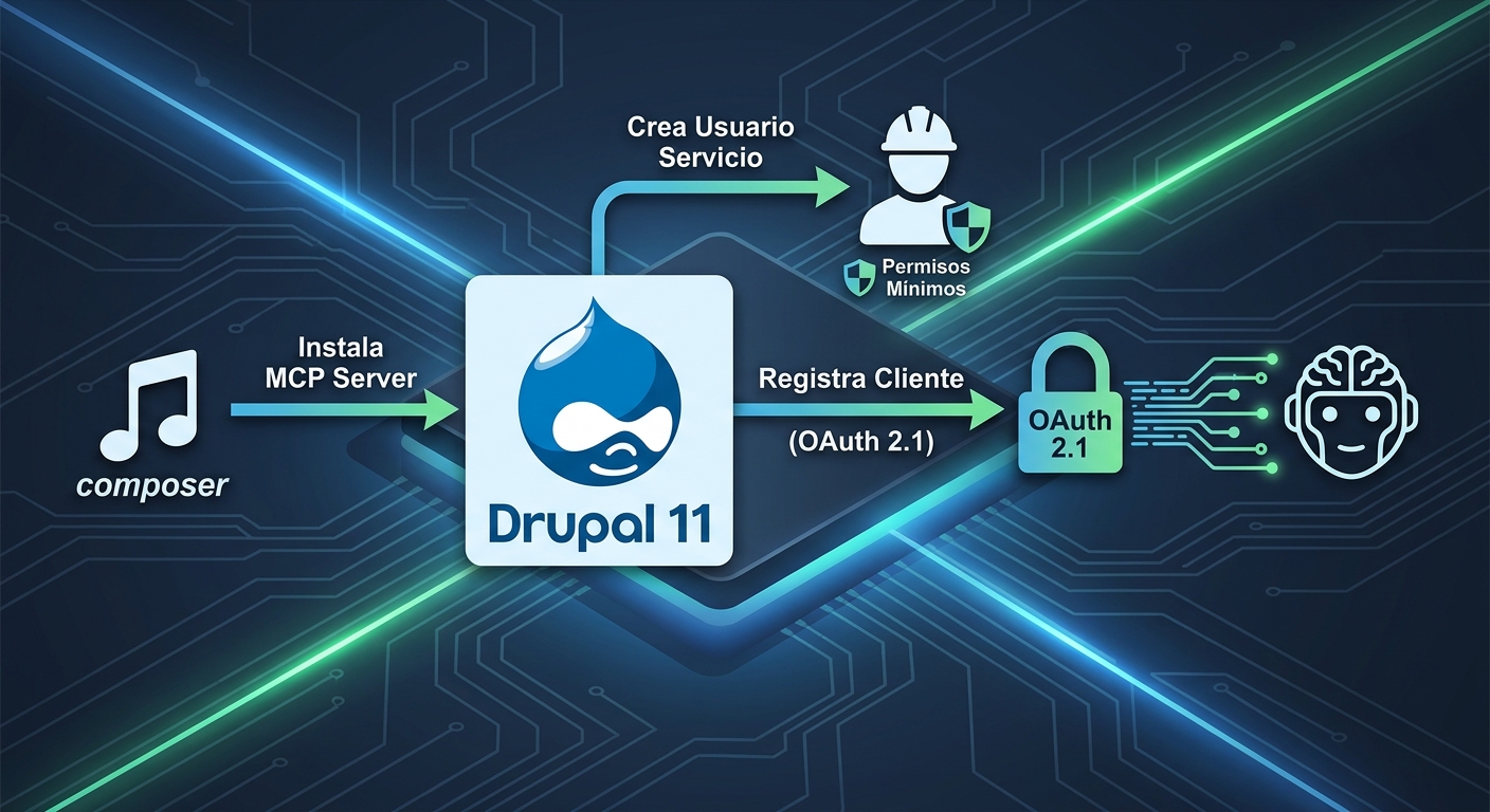 Portada del artículo «Drupal con MCP: conecta tu sitio a un agente de IA» en saibher.com