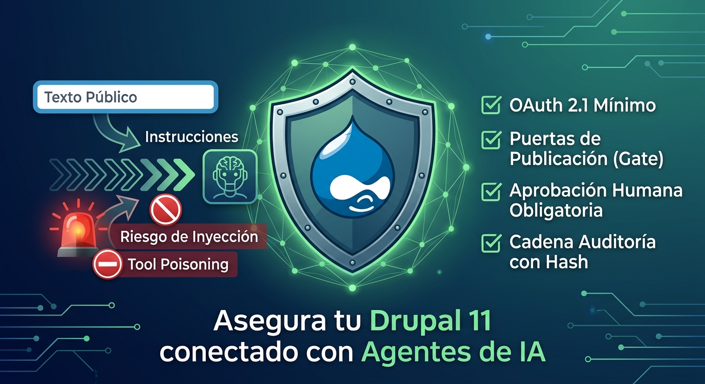 Portada del artículo «Drupal con IA: cómo blindar tu sitio contra prompt injection» en saibher.com
