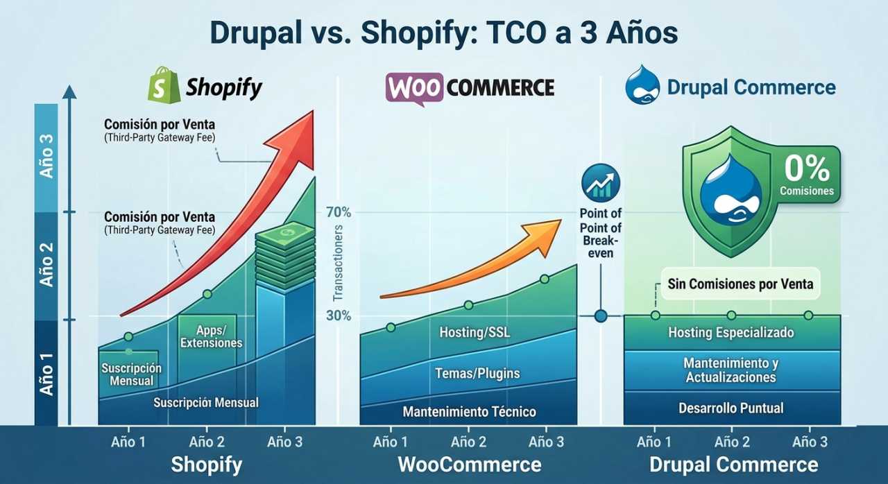 Ecommerce en Drupal: costo total a 3 años vs Shopify