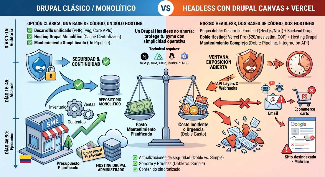 Portada del artículo «Headless en Drupal: ¿cuánto cuesta para tu pyme en 2026?» en saibher.com