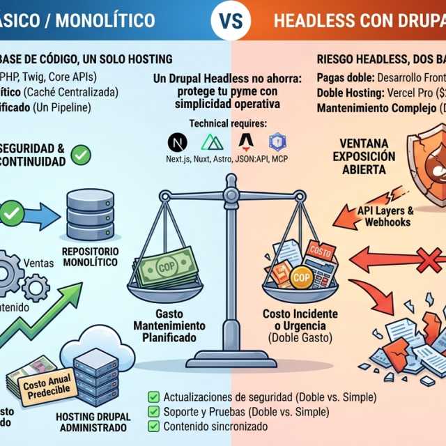Portada del artículo «Headless en Drupal: ¿cuánto cuesta para tu pyme en 2026?» en saibher.com